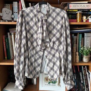 Unique Vintage Cream Size XL/ US 14 Long sleeve blouse with Ruffle Neck collar a